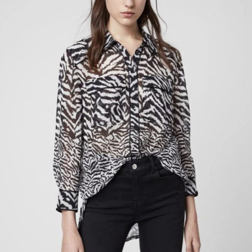 All Saints Black and White sheer Zebra Print Viscose Blouse